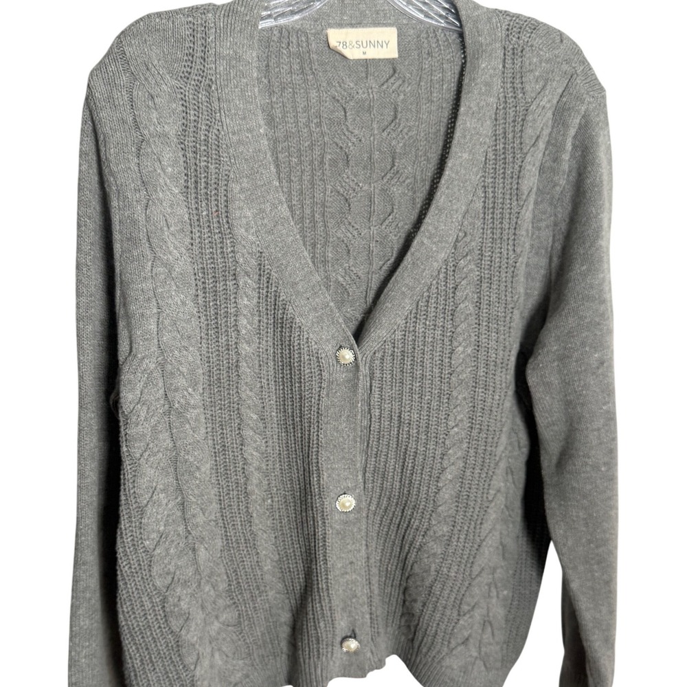 78&Sunny Cardigan Women M Gray Cotton Cable Knit Pearl Button Sweater coquette